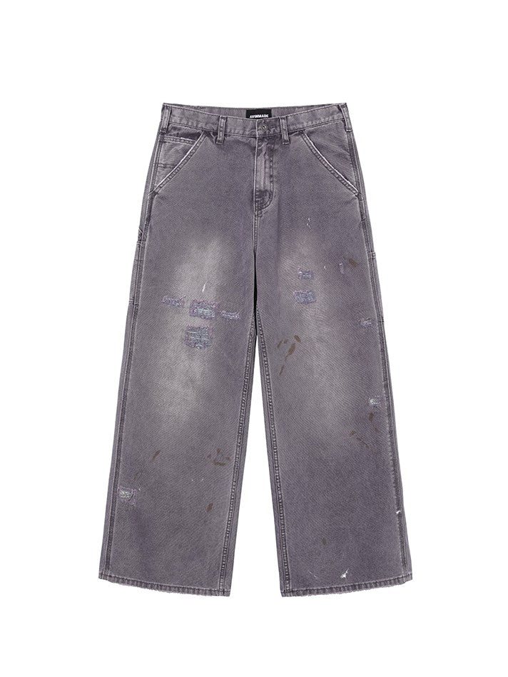 AvinMade Ink Wash Splatter Distressed Patch Women's 100 Percent Cotton Wide-leg Pants