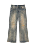 AvinMade Mud Dyed Blue Ripped Stonewash Mid Rise Women's Selvedge Denim Straight Jeans