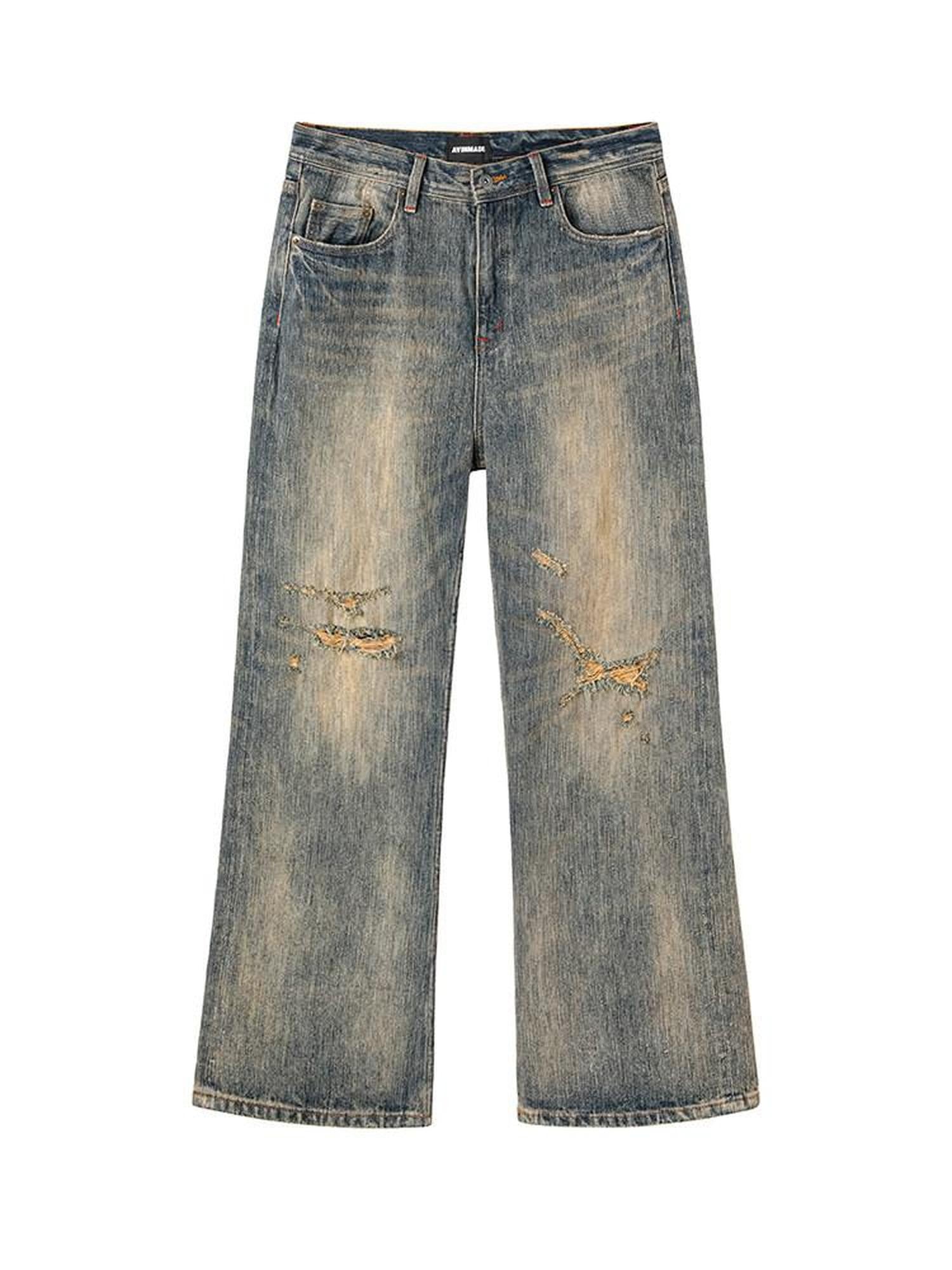 AvinMade Mud Dyed Blue Ripped Stonewash Mid Rise Women's Selvedge Denim Straight Jeans