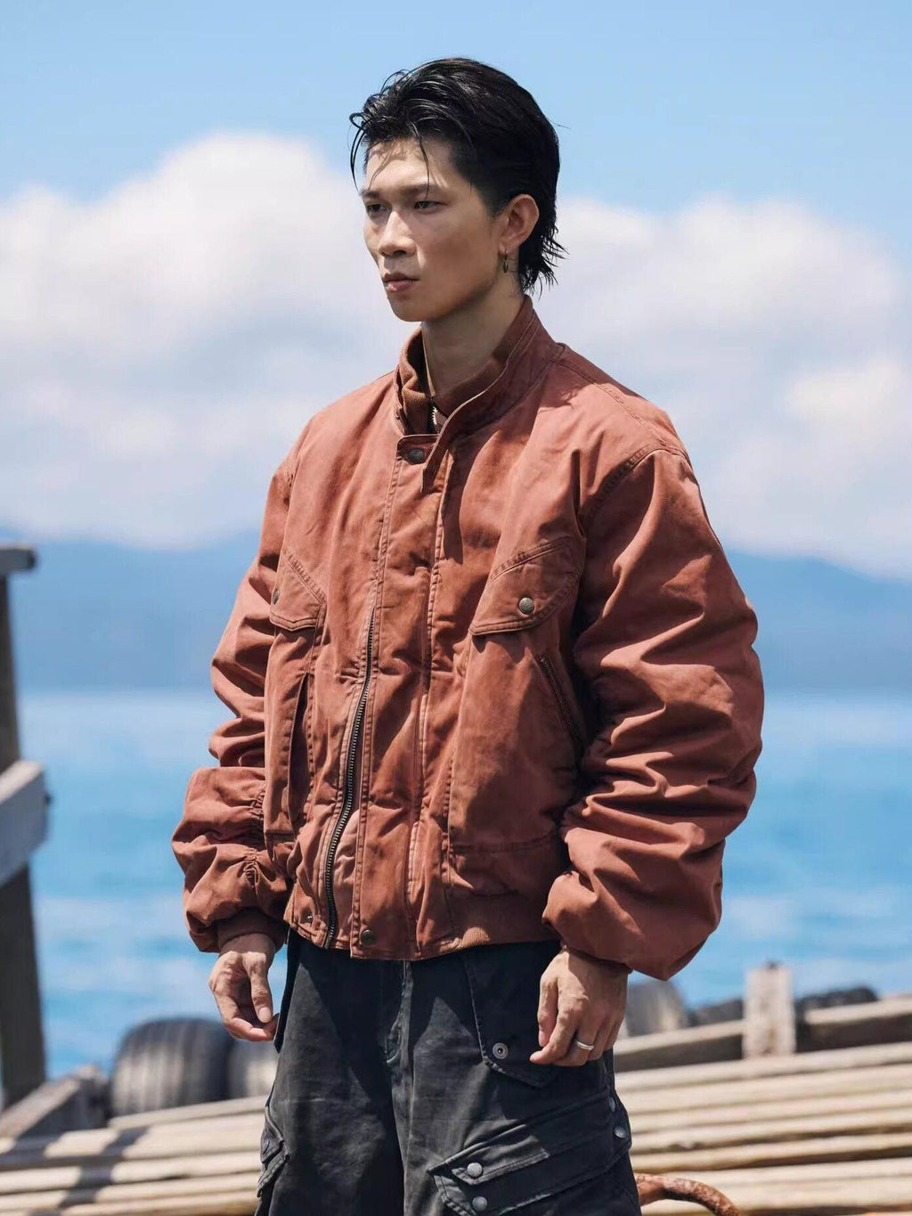 AvinMade Orange Red Distressed Bomber Women's Washed Cotton Woven Puffer Jackets