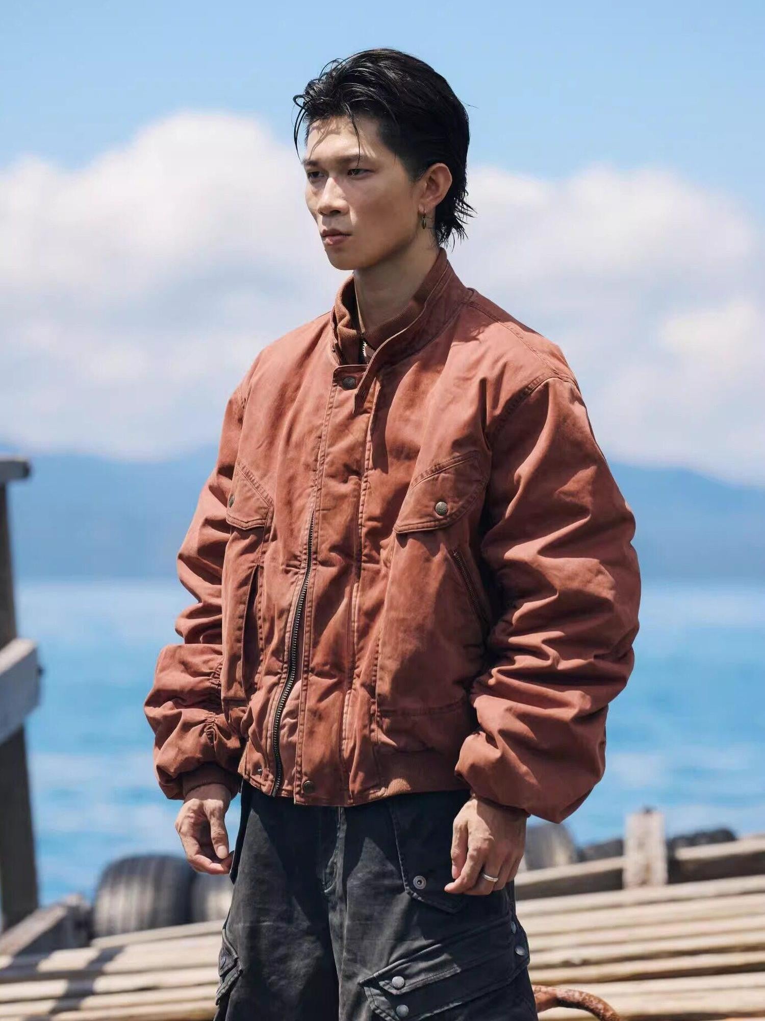 AvinMade Orange Red Distressed Bomber Women's Washed Cotton Woven Puffer Jackets