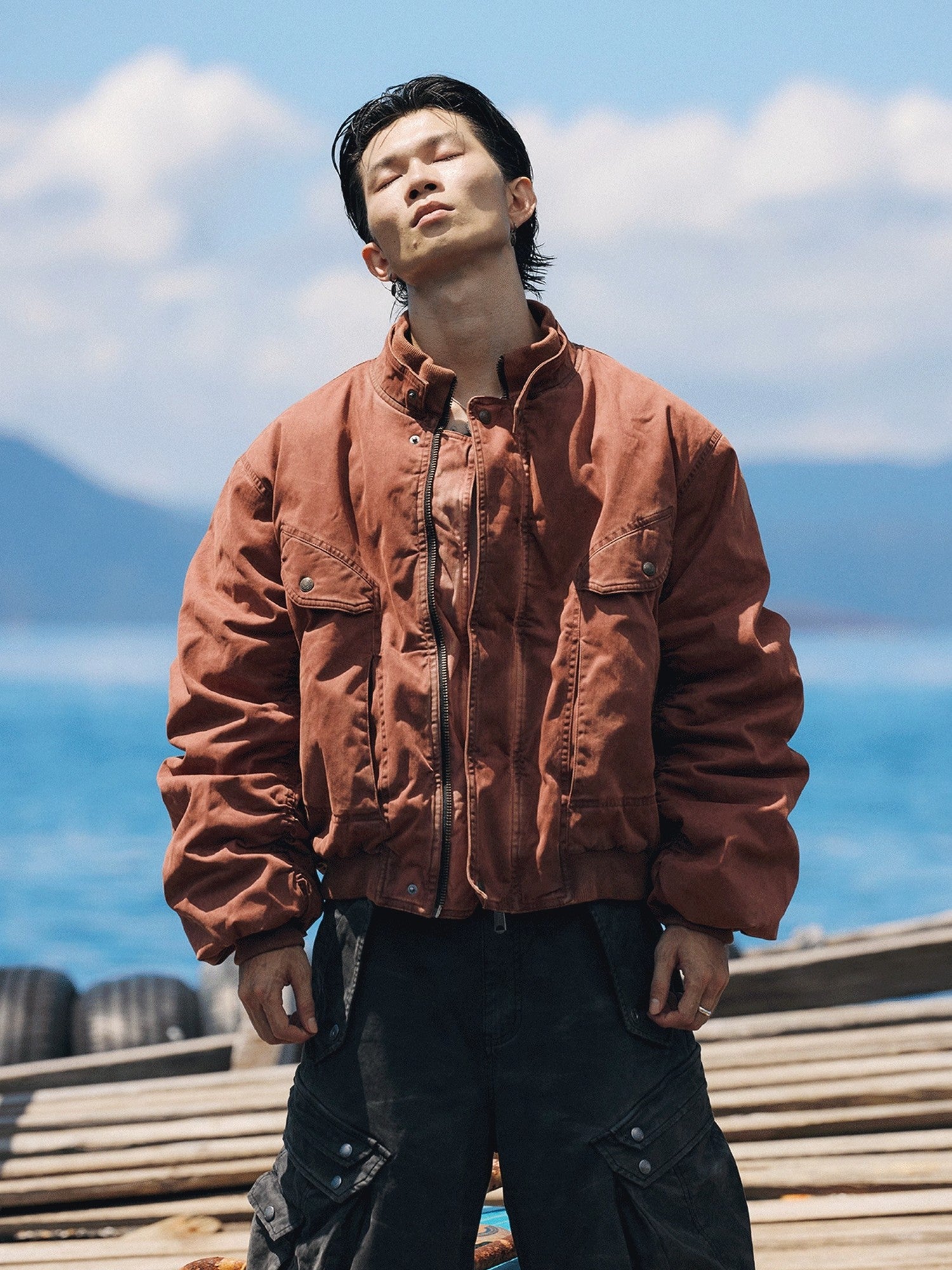 AvinMade Orange Red Distressed Bomber Women's Washed Cotton Woven Puffer Jackets