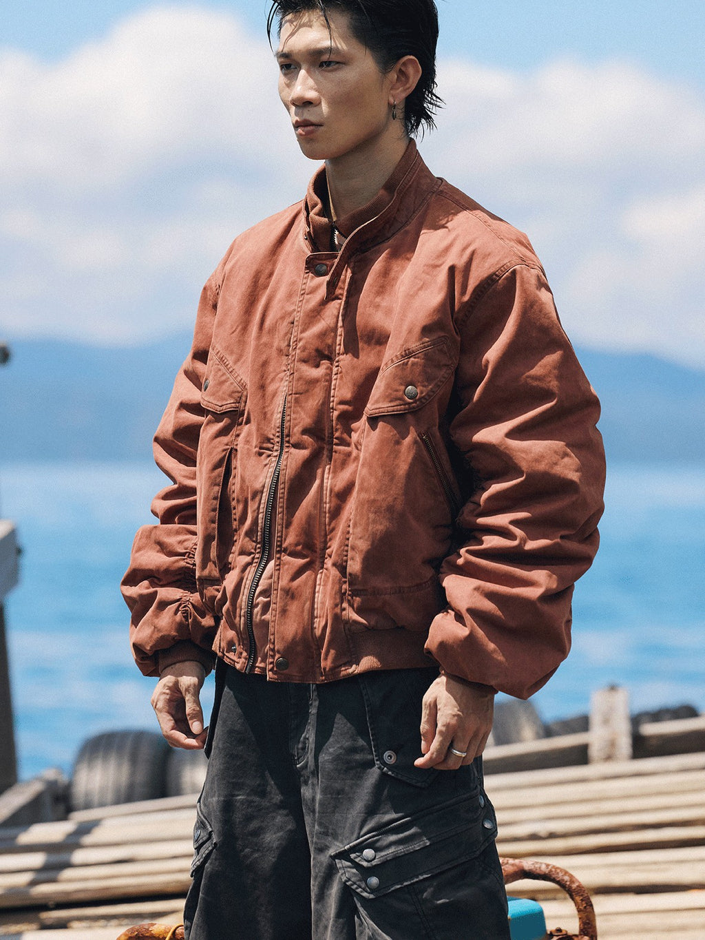AvinMade Orange Red Distressed Bomber Women's Washed Cotton Woven Puffer Jackets