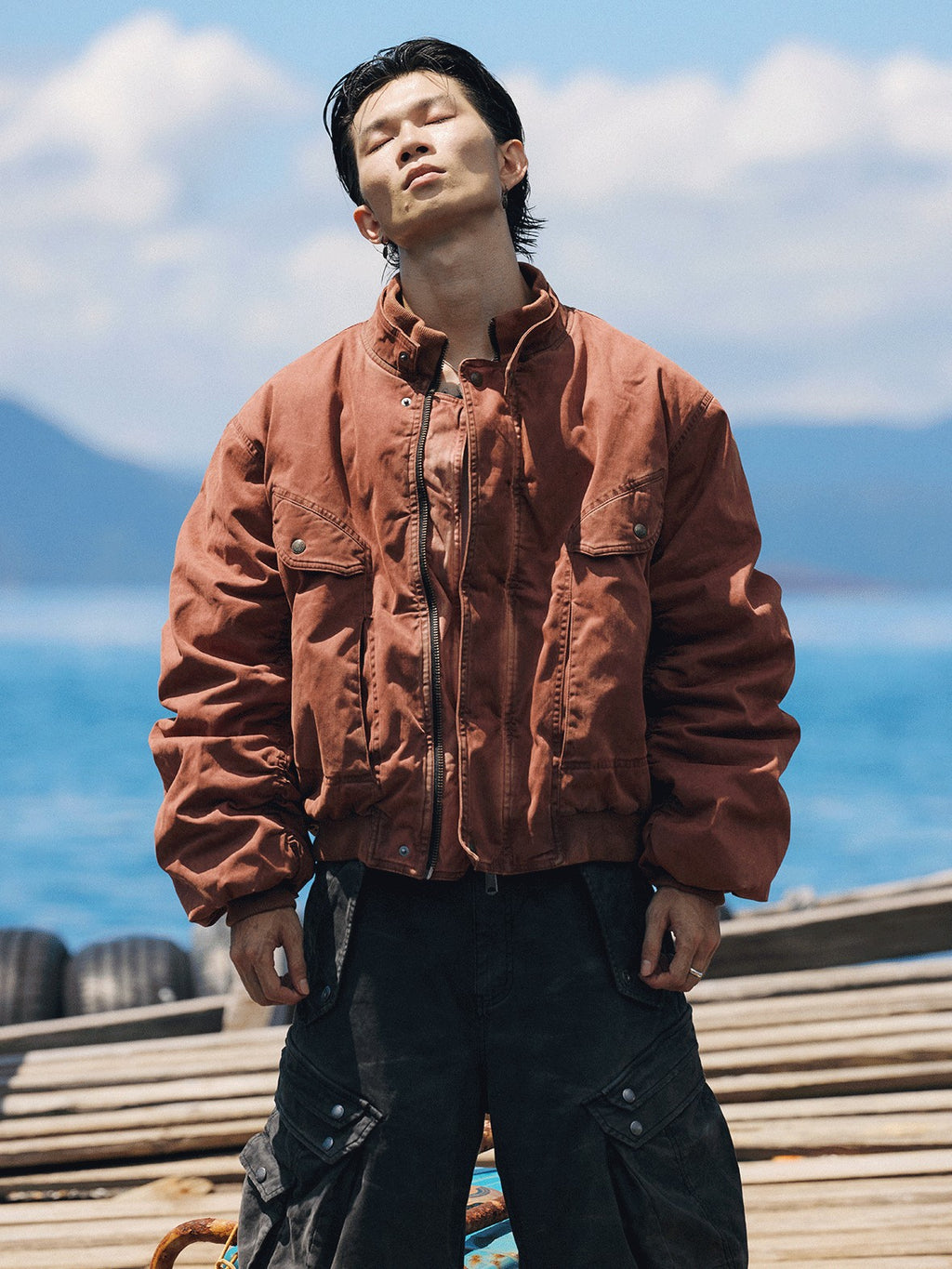 AvinMade Orange Red Distressed Bomber Women's Washed Cotton Woven Puffer Jackets