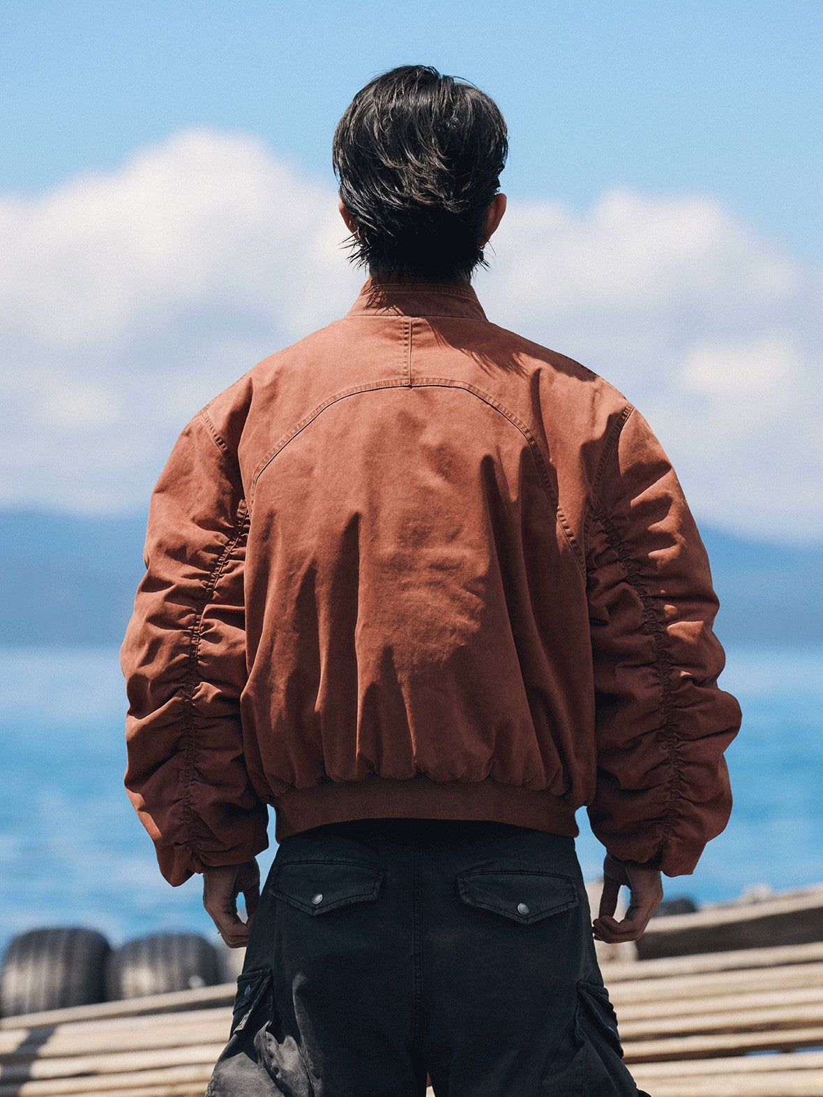 AvinMade Orange Red Distressed Bomber Women's Washed Cotton Woven Puffer Jackets