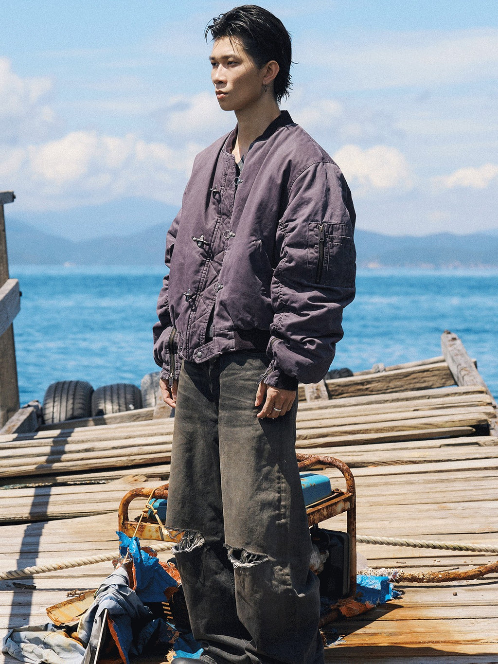 AvinMade Purple Distressed Lobster Clasp Baseball Collar Women's Cotton Bomber Jackets