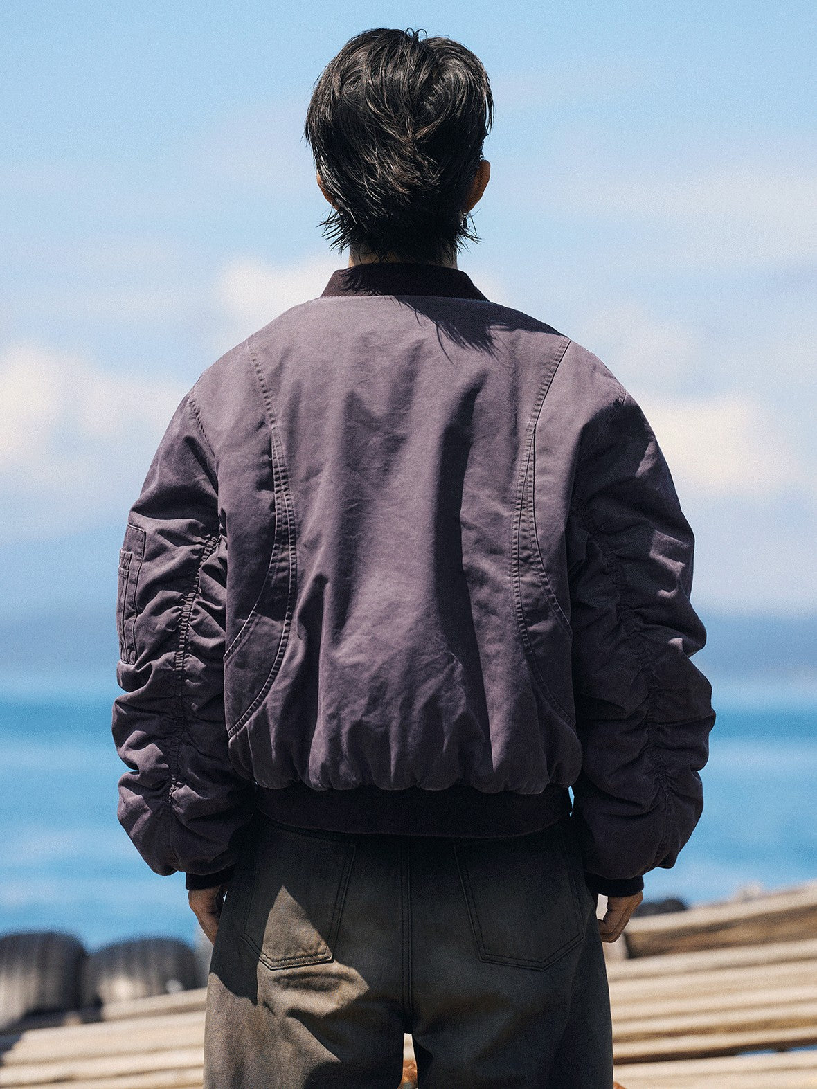 AvinMade Purple Distressed Lobster Clasp Baseball Collar Women's Cotton Bomber Jackets