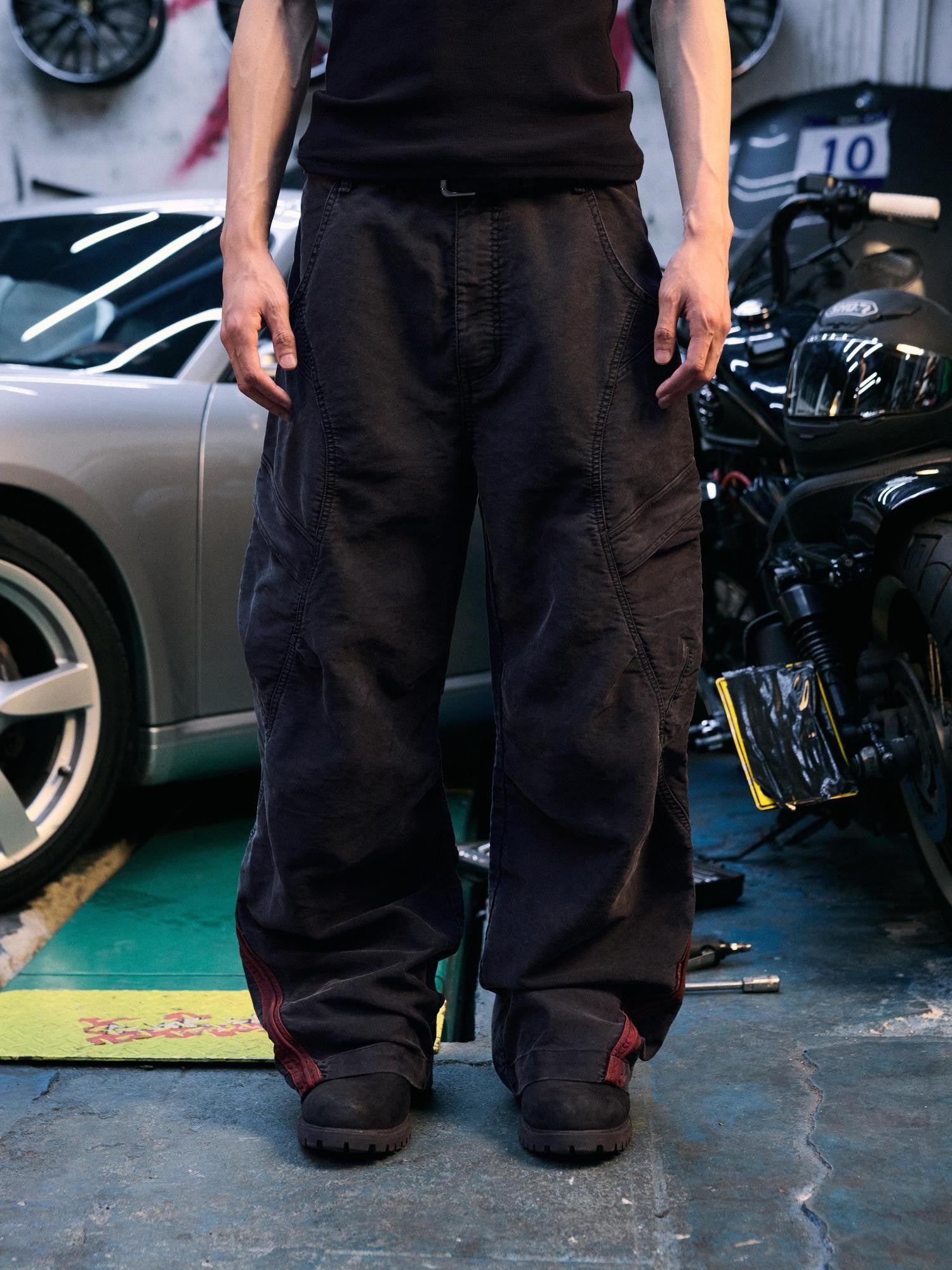 AvinMade Red Black Colorblock Washed Curved Racer Women's Cotton Cargo Pants