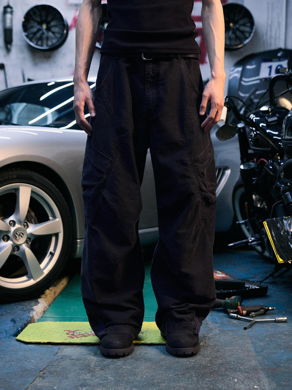 AvinMade Red Black Colorblock Washed Curved Racer Women's Cotton Cargo Pants