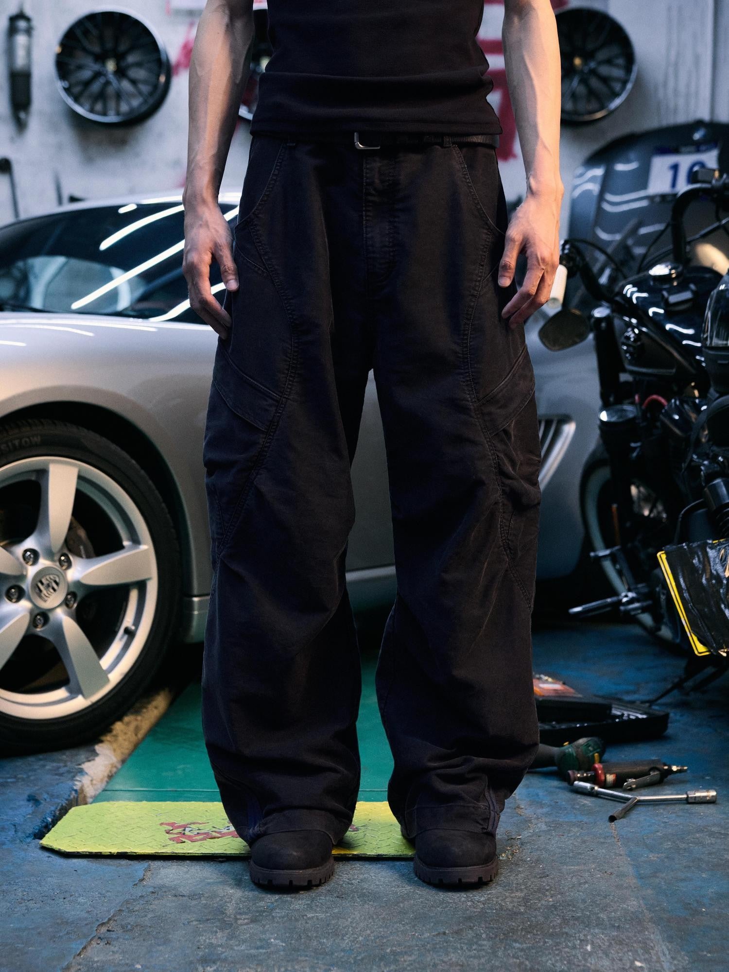 AvinMade Red Black Colorblock Washed Curved Racer Women's Cotton Cargo Pants