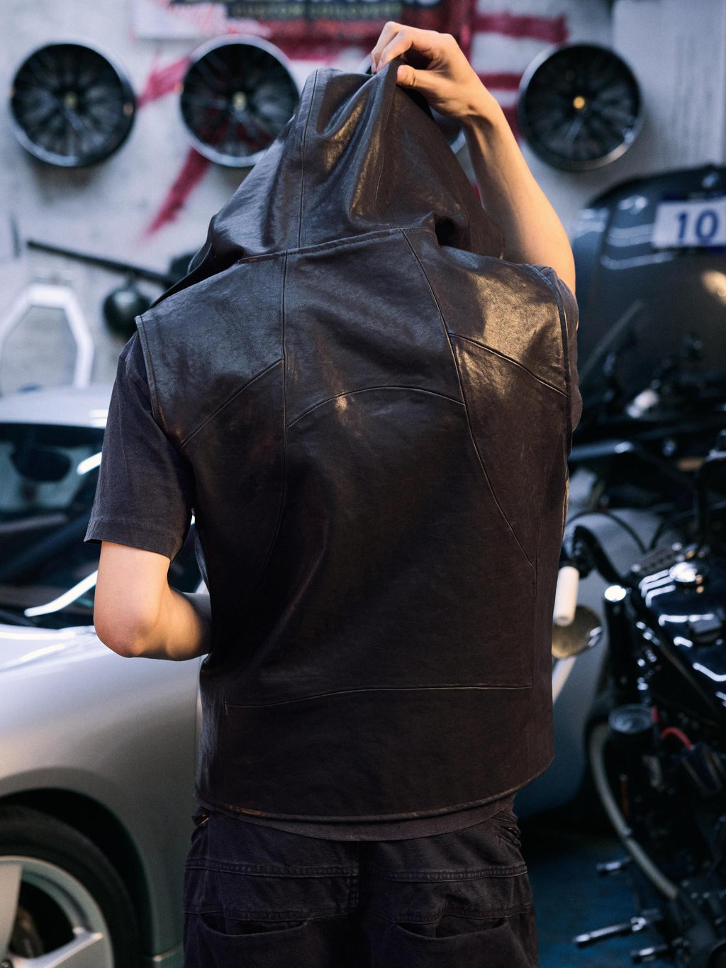 AvinMade Solid Black Biker Hooded Zipper Loose Fit Women's Cowhide Softshell Vests