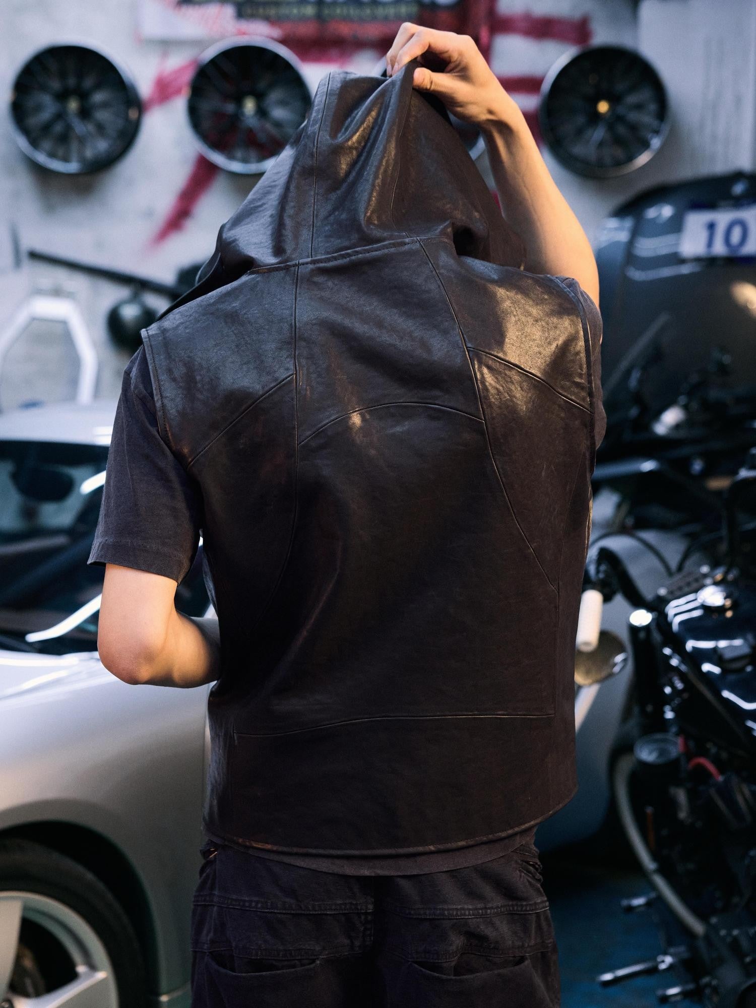 AvinMade Solid Black Biker Hooded Zipper Loose Fit Women's Cowhide Softshell Vests