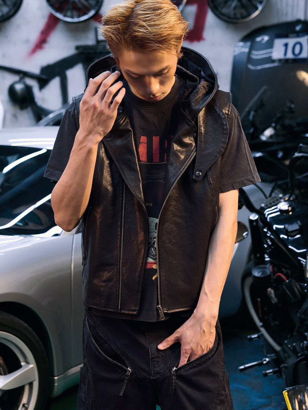 AvinMade Solid Black Biker Hooded Zipper Loose Fit Women's Cowhide Softshell Vests