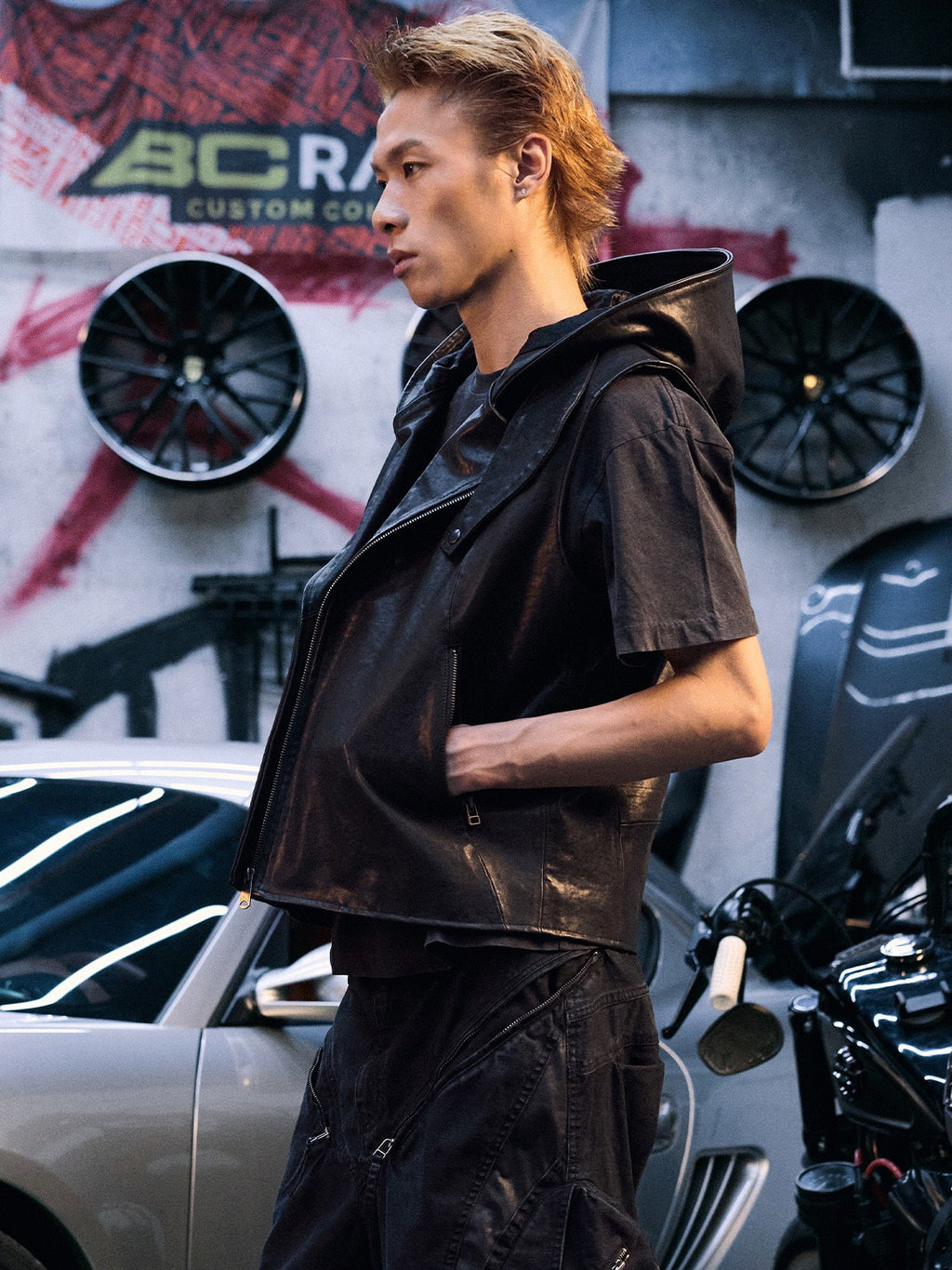 AvinMade Solid Black Biker Hooded Zipper Loose Fit Women's Cowhide Softshell Vests