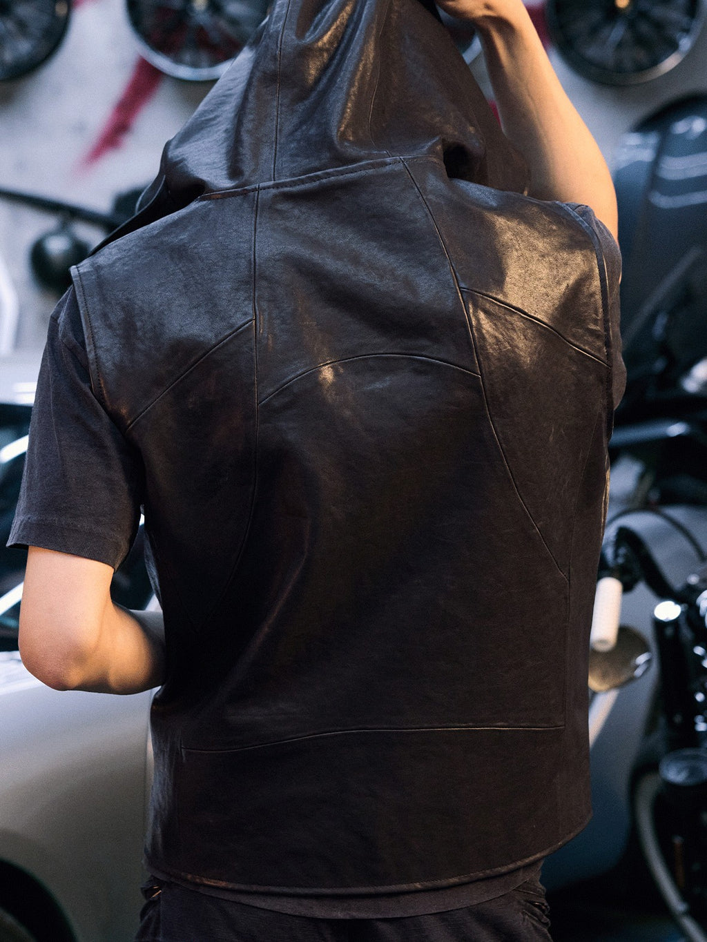 AvinMade Solid Black Biker Hooded Zipper Loose Fit Women's Cowhide Softshell Vests