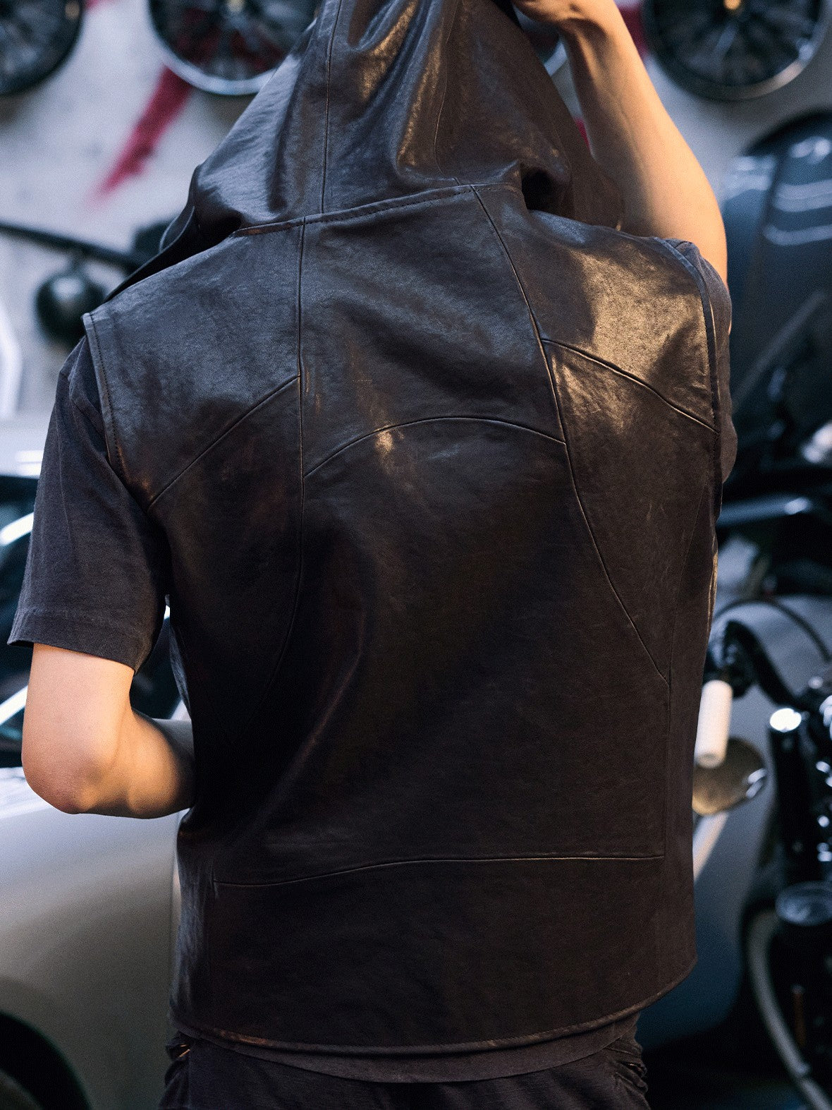AvinMade Solid Black Biker Hooded Zipper Loose Fit Women's Cowhide Softshell Vests