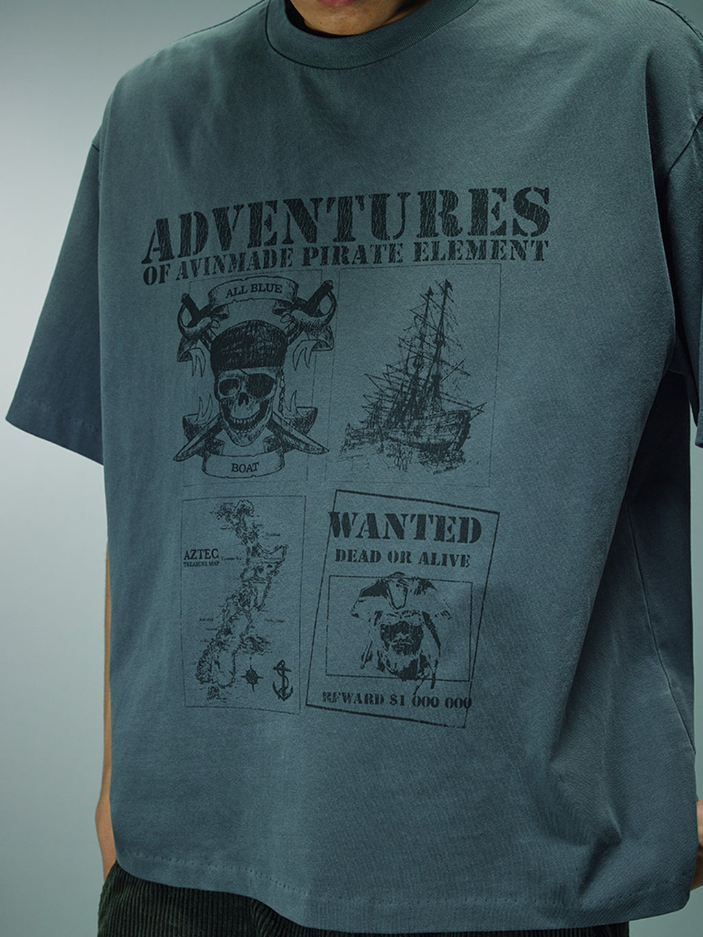 AvinMade Treasure Map Print Loose Crew Neck Women's Gray Green Short Sleeve T-shirts