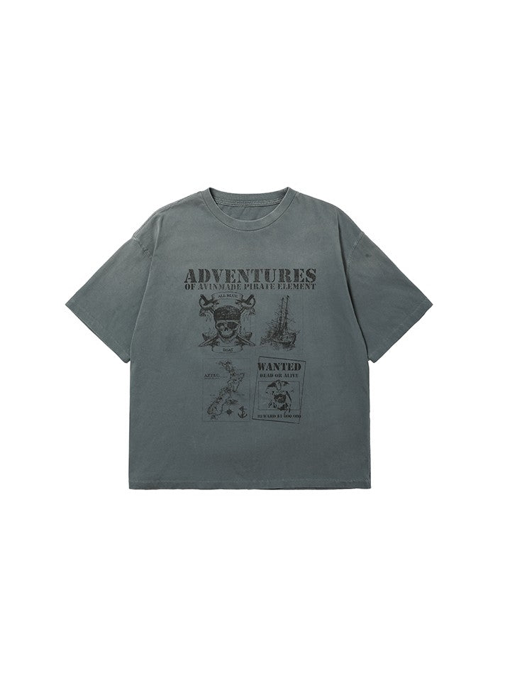 AvinMade Treasure Map Print Loose Crew Neck Women's Gray Green Short Sleeve T-shirts