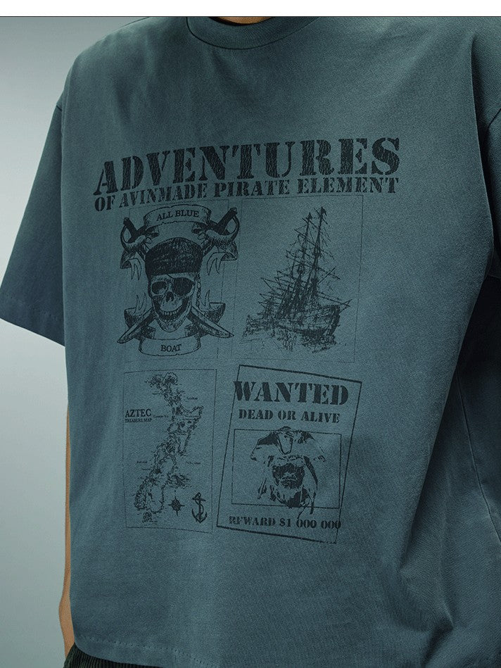 AvinMade Treasure Map Print Loose Crew Neck Women's Gray Green Short Sleeve T-shirts