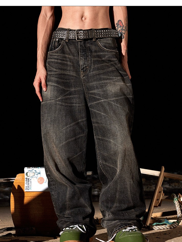 AvinMade Vintage Black Stonewash Whisker Wide Leg Women's Denim Loose Jeans