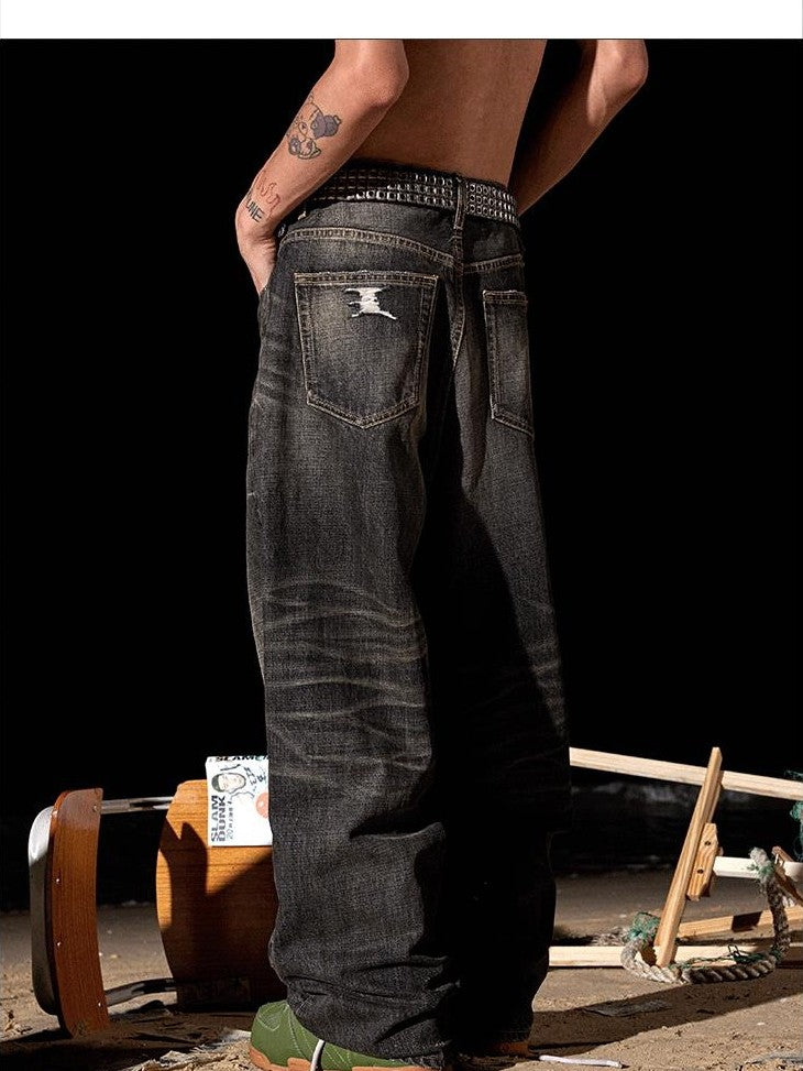 AvinMade Vintage Black Stonewash Whisker Wide Leg Women's Denim Loose Jeans