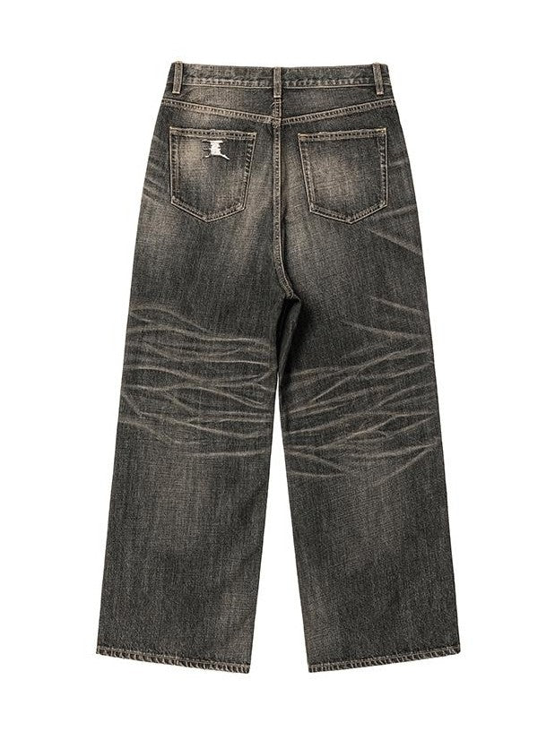 AvinMade Vintage Black Stonewash Whisker Wide Leg Women's Denim Loose Jeans