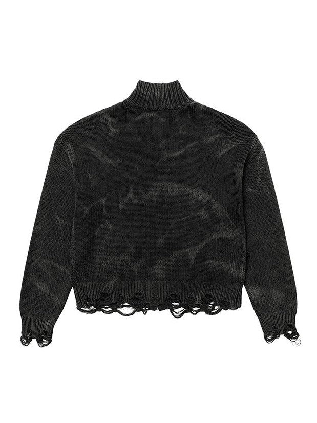 AvinMade Washed Black Distressed Water Ripple Half High Collar Women's Cotton Cardigans