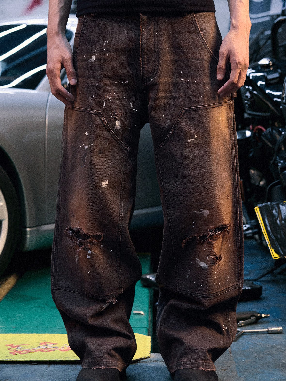 AvinMade Washed Black Rust Ripped Double Knee Women's Cotton Wide-leg Pants