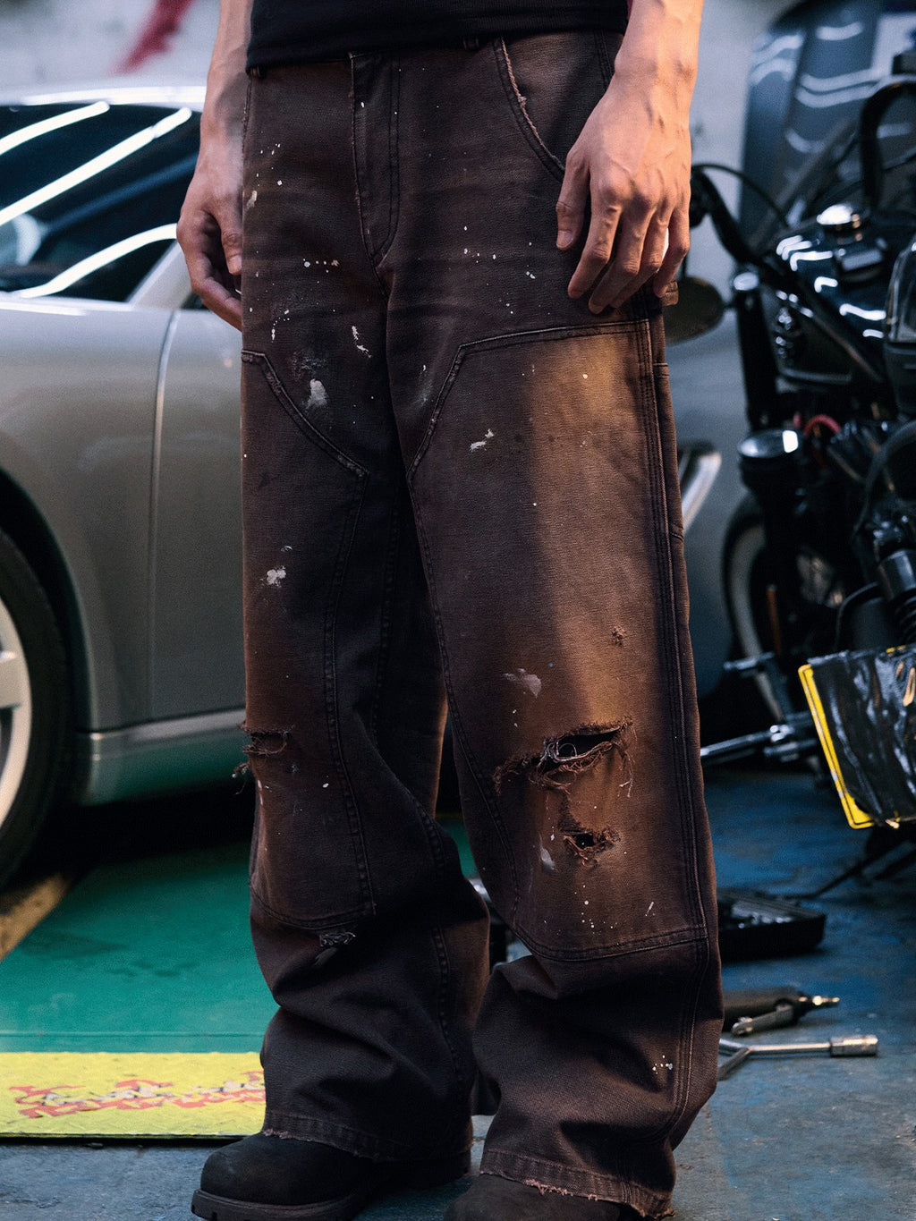 AvinMade Washed Black Rust Ripped Double Knee Women's Cotton Wide-leg Pants