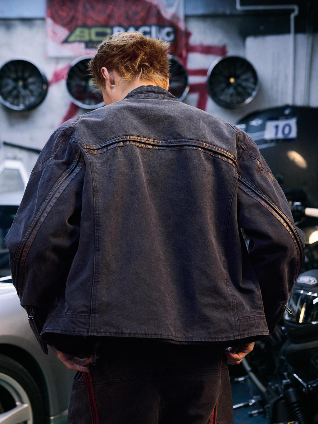 AvinMade Washed Black Splicing Women's 100 Percent Cotton Canvas Moto Jackets