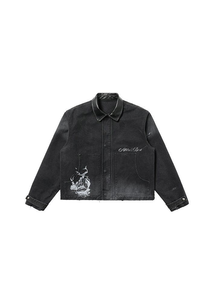 AvinMade Washed Black Vintage Distressed Siren Print Women's Canvas Coach Jackets