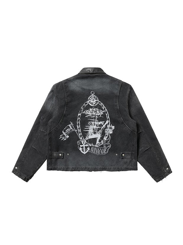 AvinMade Washed Black Vintage Distressed Siren Print Women's Canvas Coach Jackets