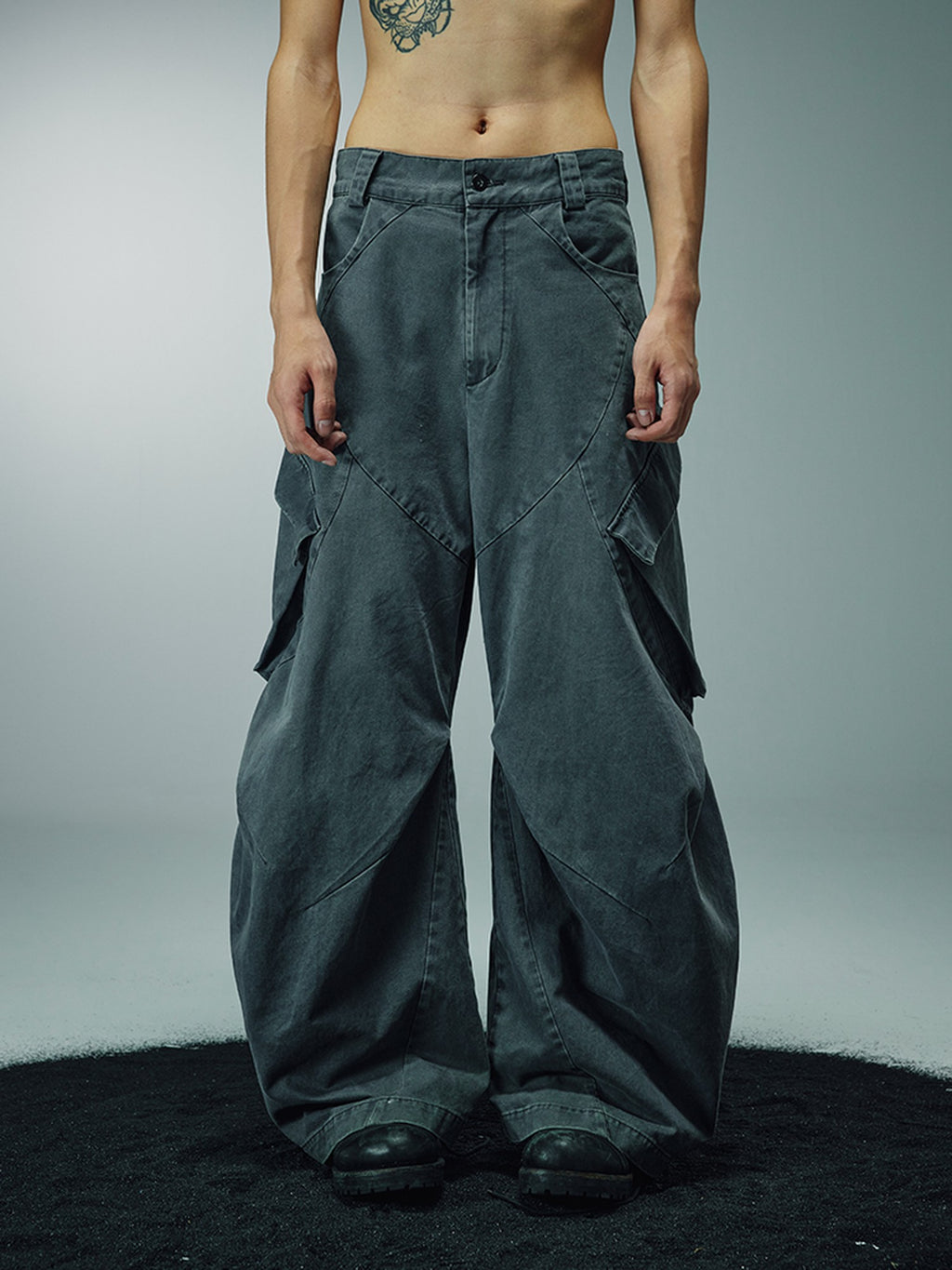 AvinMade Washed Curved Seam Cargo Mid Rise Women's Cotton Wide-leg Pants