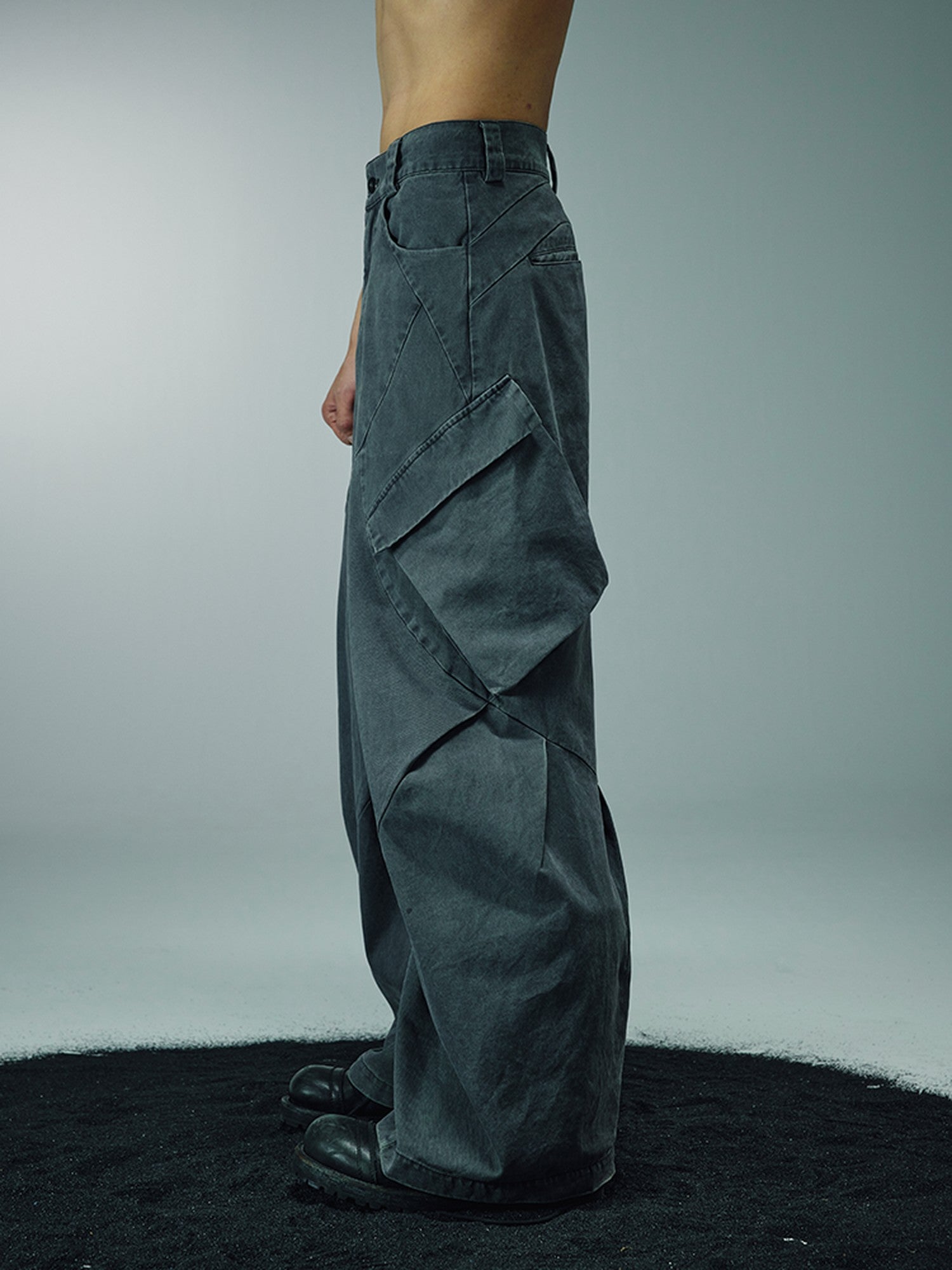 AvinMade Washed Curved Seam Cargo Mid Rise Women's Cotton Wide-leg Pants