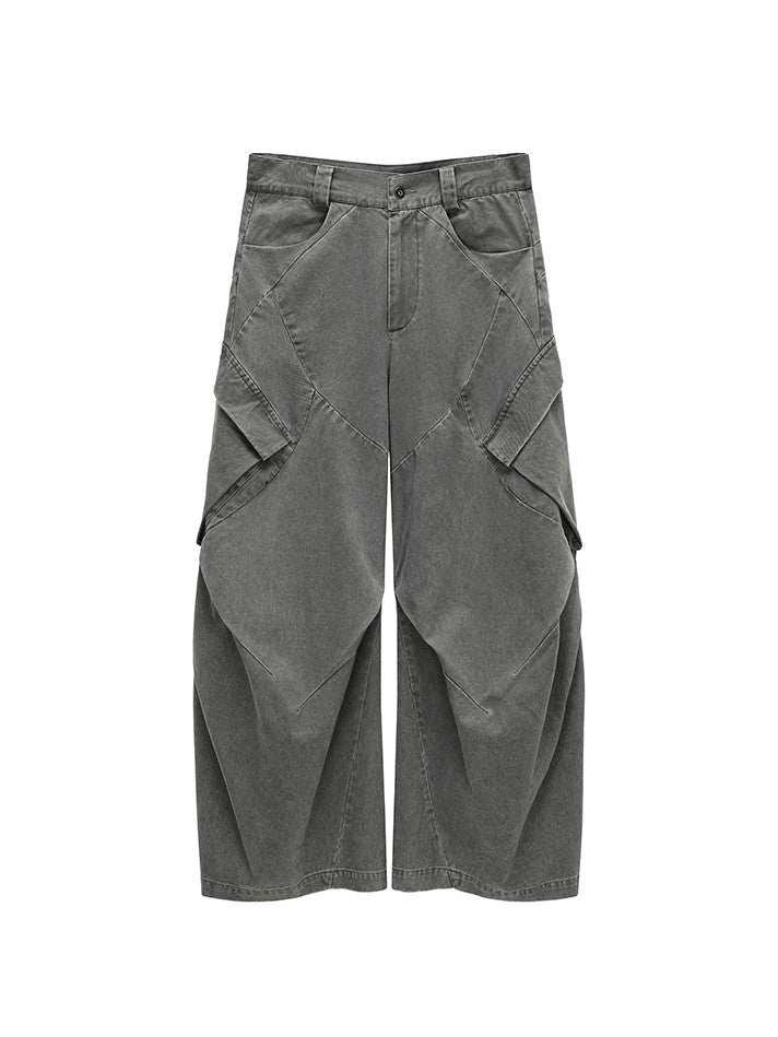 AvinMade Washed Curved Seam Cargo Mid Rise Women's Cotton Wide-leg Pants