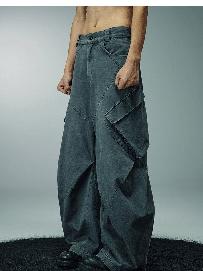 AvinMade Washed Curved Seam Cargo Mid Rise Women's Cotton Wide-leg Pants