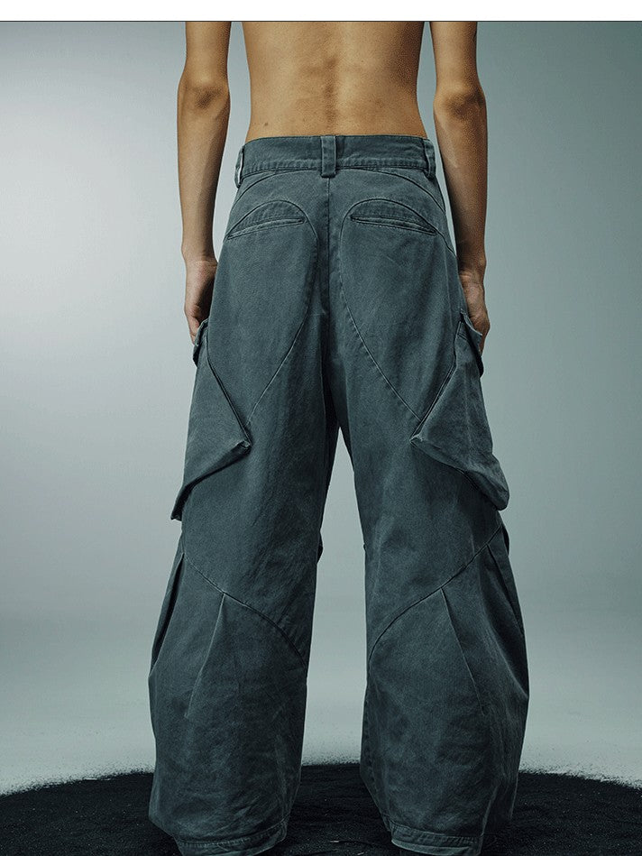 AvinMade Washed Curved Seam Cargo Mid Rise Women's Cotton Wide-leg Pants
