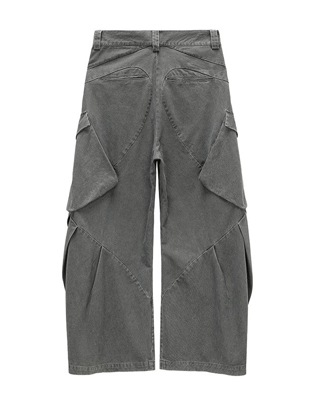 AvinMade Washed Curved Seam Cargo Mid Rise Women's Cotton Wide-leg Pants