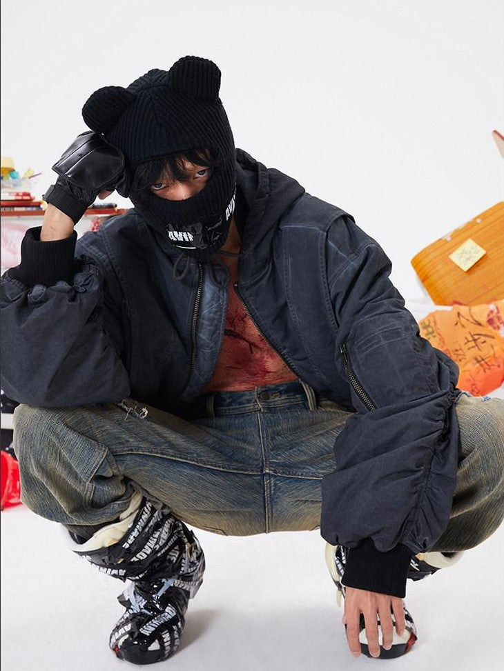 AvinMade Washed Distressed Ma1 Bomber Hooded Women's Cotton Puffer Jackets