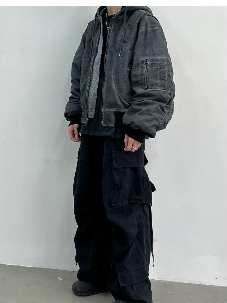 AvinMade Washed Distressed Ma1 Bomber Hooded Women's Cotton Puffer Jackets