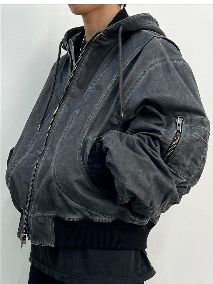 AvinMade Washed Distressed Ma1 Bomber Hooded Women's Cotton Puffer Jackets
