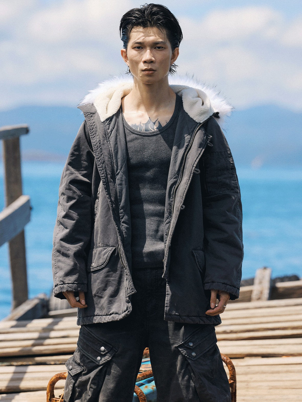 AvinMade Washed Distressed N3b Pilot Hooded Women's Cotton Padded Puffer Jackets