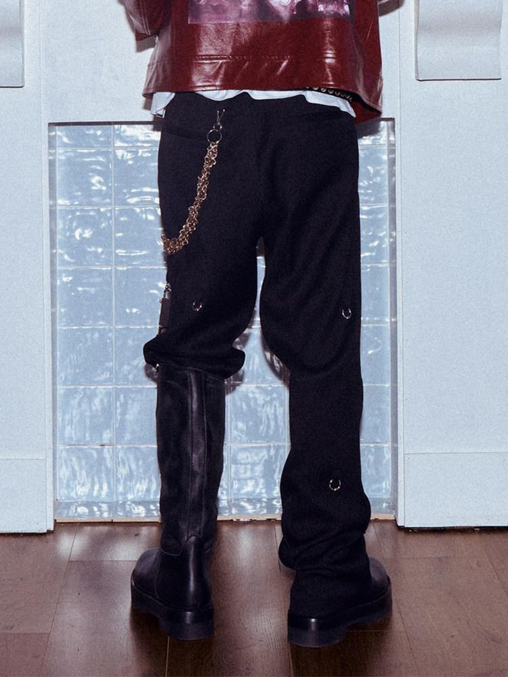 Dream Band Black Punk Round Button Women's Cotton Blend Straight-leg Pants