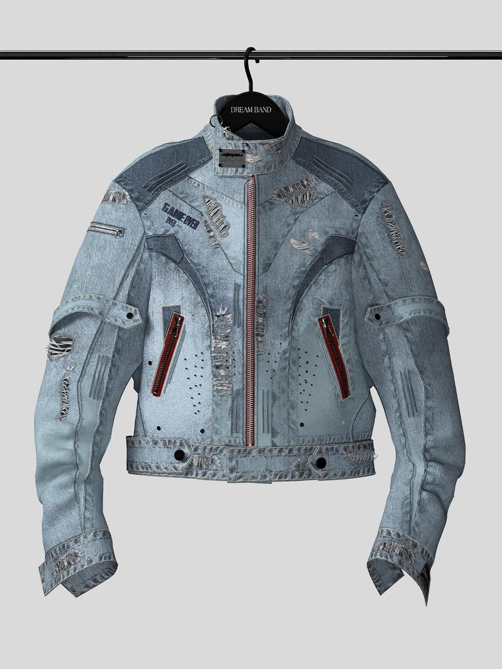 Dream Band Blue Biker Zipper Long Sleeve Crew Neck Women's Cotton Blend Denim Jackets