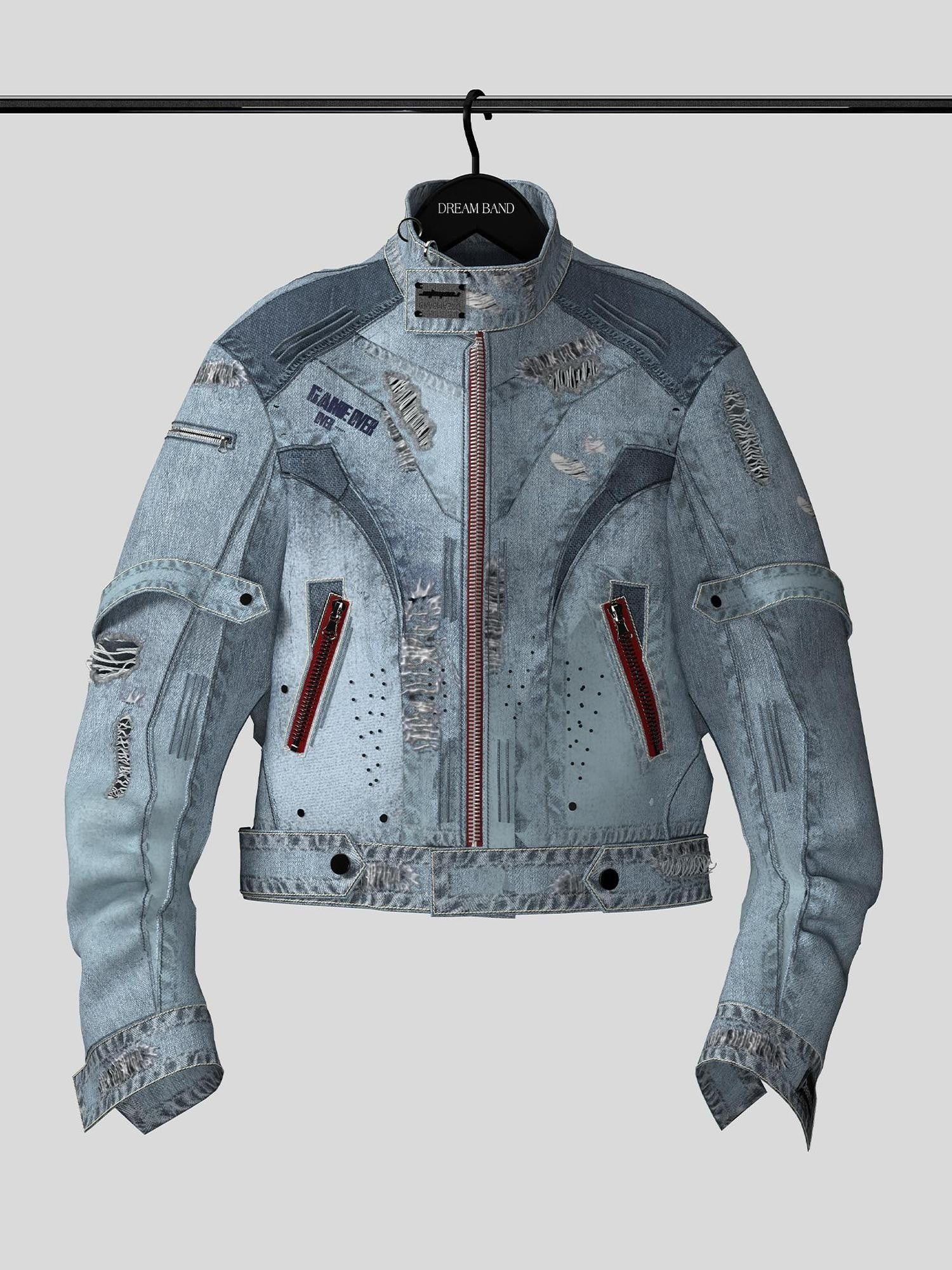 Dream Band Blue Biker Zipper Long Sleeve Crew Neck Women's Cotton Blend Denim Jackets