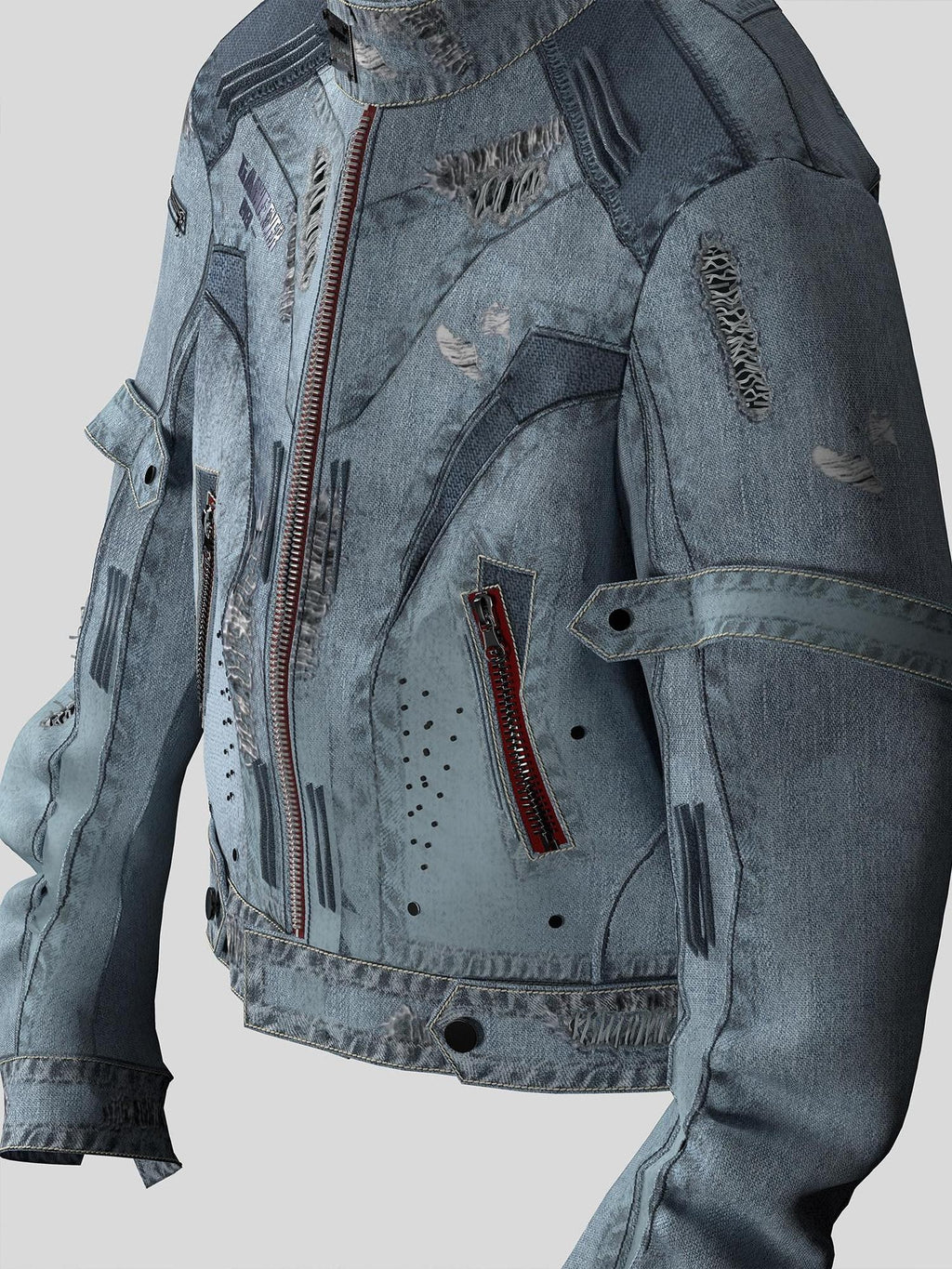 Dream Band Blue Biker Zipper Long Sleeve Crew Neck Women's Cotton Blend Denim Jackets