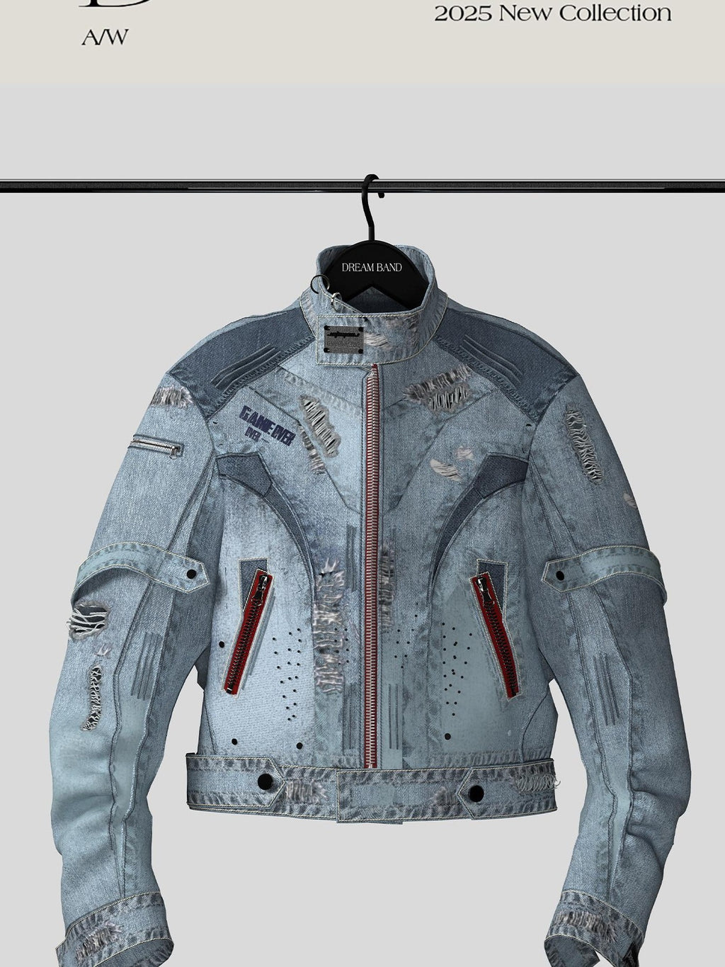 Dream Band Blue Biker Zipper Long Sleeve Crew Neck Women's Cotton Blend Denim Jackets