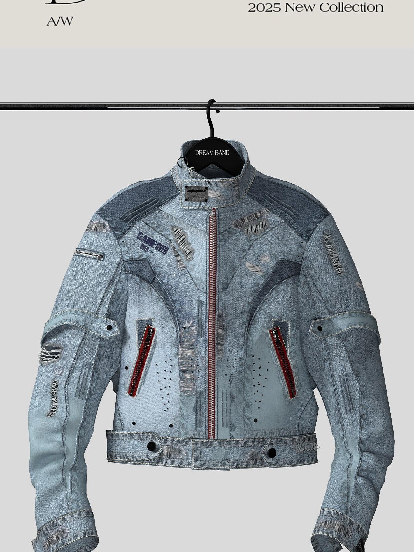 Dream Band Blue Biker Zipper Long Sleeve Crew Neck Women's Cotton Blend Denim Jackets