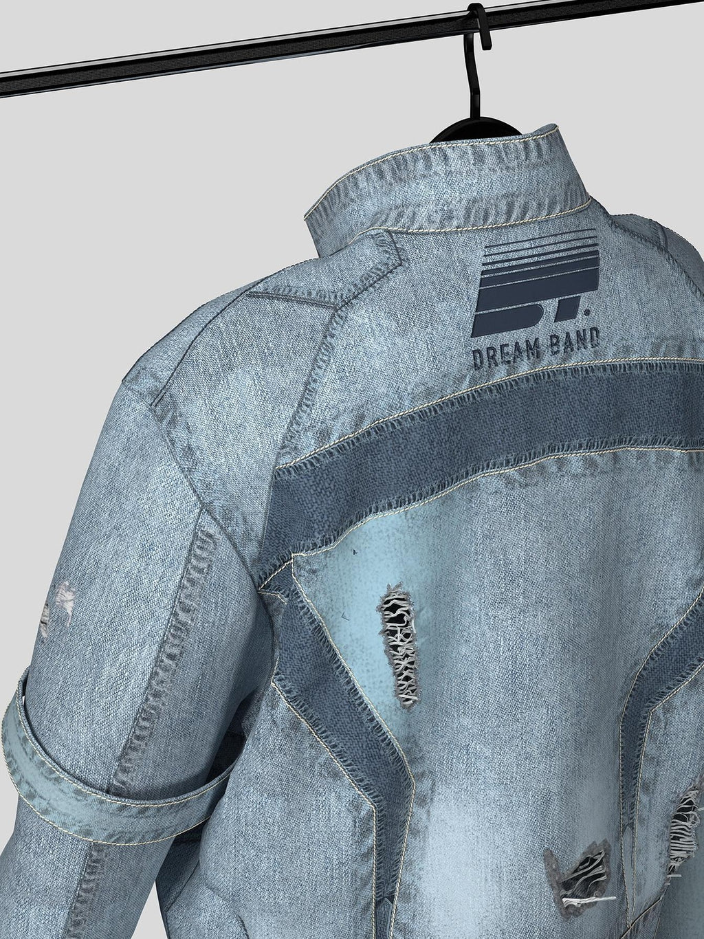 Dream Band Blue Biker Zipper Long Sleeve Crew Neck Women's Cotton Blend Denim Jackets