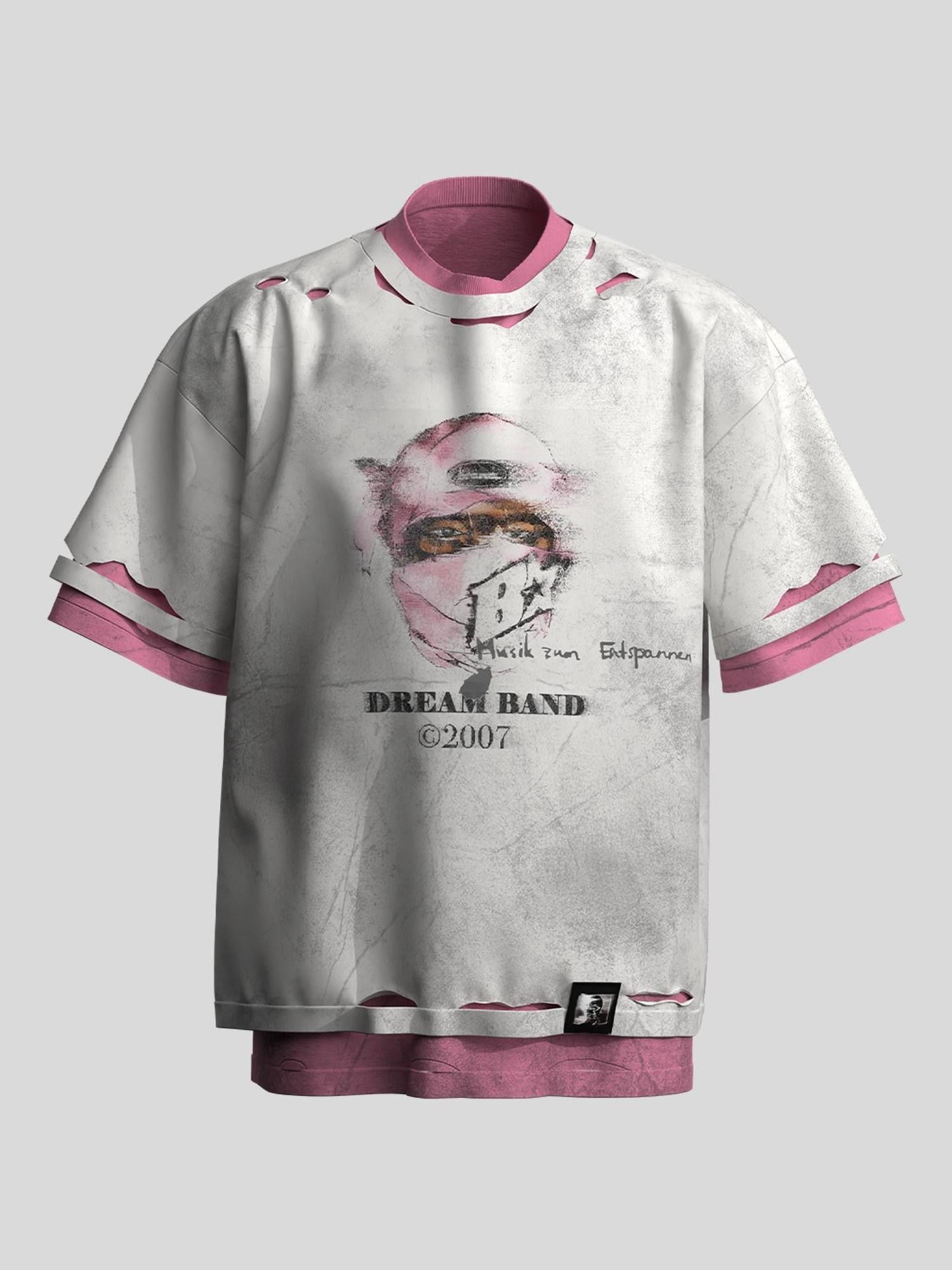 Dream Band Character Print Distressed Faux Two Piece Women's Cotton Short Sleeve T-shirts